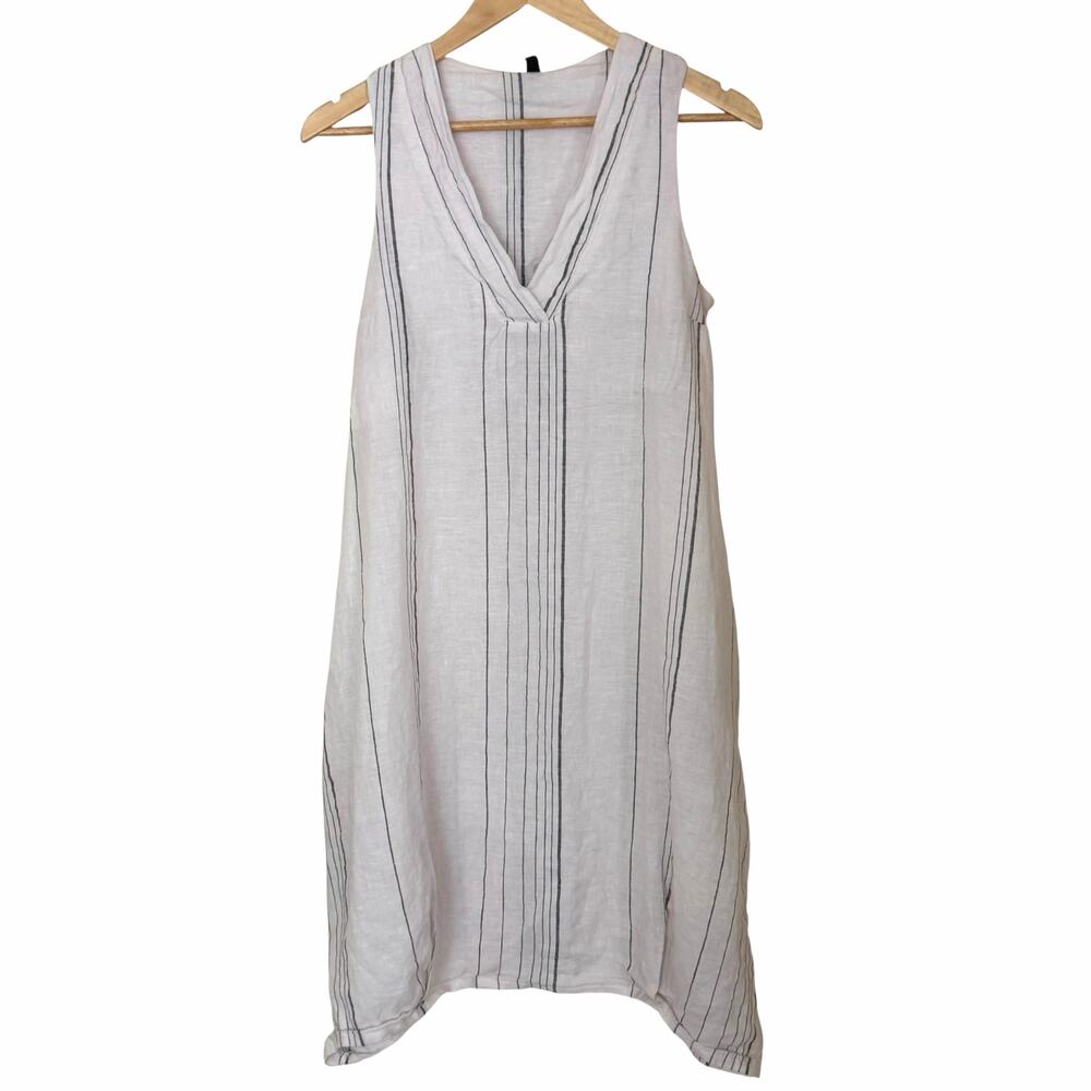 INIZIO Italy 100% Linen Striped Sleeveless Lagenlook Midi Dress Pockets, Medium